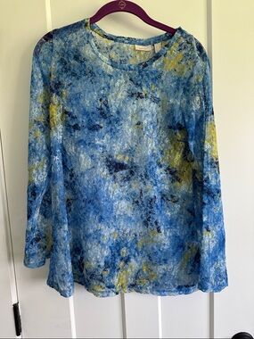 Ava & Viv Blue and Yellow Watercolor-Print Long Sleeve Top